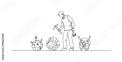 Alien Archaeology. Minimalistic one-line drawing human figure with tools studying alien artifacts, continuous single black line on white background, simple