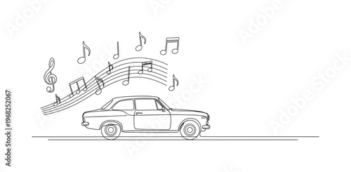Indie Drive. Minimalistic one-line drawing vehicle moving along highway with music symbols above, continuous single black line on white background, simple