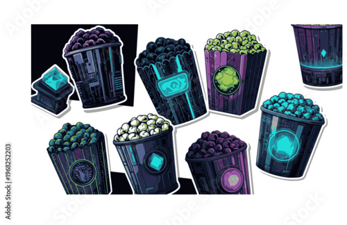 Cyberpunk Popcorn Bucket Silhouette Sticker, Modern Cinema Snack Star Vector, High Contrast Movie Night Nostalgia Illustration