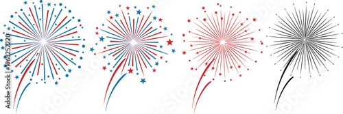 Fireworks Burst Set with Red, Blue and Black Celebration Firework Explosions Vector Illustration Collection for Holiday and Event Design