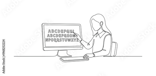 Typography Design. Minimalistic one-line drawing designer selecting fonts on monitor, continuous single black line on white background, simple outline style,