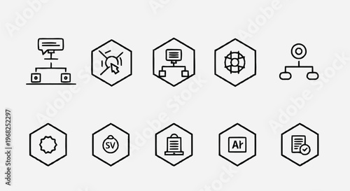 Collection of Minimalist Hexagonal Iconography Representing Diverse Concepts.