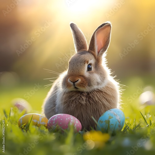 Cute Easter Bunny with Colorful Eggs in Spring Meadow