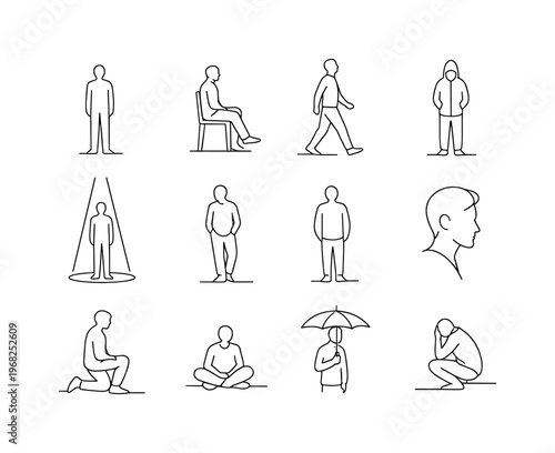 Isolated Figure. Minimalistic set one-line drawing lone person standing, seated figure on chair, walking silhouette, hooded person, figure under spotlight,