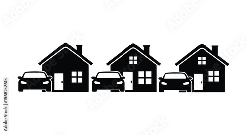 Minimalist vector illustration showing three identical houses with cars parked outside each home design concept.