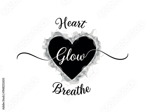 Heart Glow Breathe. lettering and all elements in black. Vector style. AWhite background. Pure white background. Perfect isolation and visual consistency.