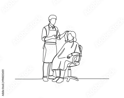 Personal Hair Styling. Minimalistic one-line drawing stylist consulting seated client for haircut or color, continuous single black line on white background,
