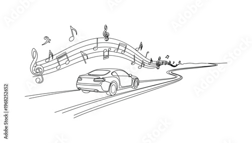Musical Road Trip. Minimalistic one-line drawing car on scenic road with floating musical notes around, continuous single black line on white background,
