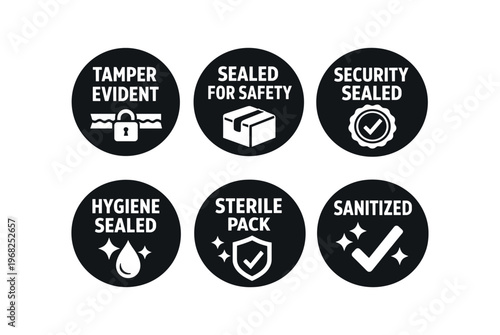 Security and hygiene seal icon set. tamper evident, sealed for safety, security sealed, hygiene sealed, sterile pack, sanitized. line, flat and colored vector icon set.
