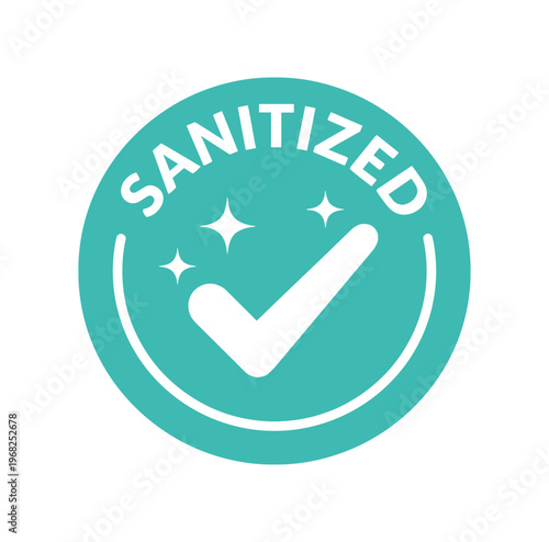Sanitized badge icon. clean, disinfected, hygiene, check mark, sparkles, safety, seal, approval. flat vector illustration isolated on white background.