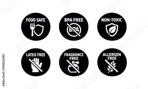 Food safety and material free icon set. food safe, bpa free, non-toxic, latex free, fragrance free, allergen free. line, flat and colored vector icon set.