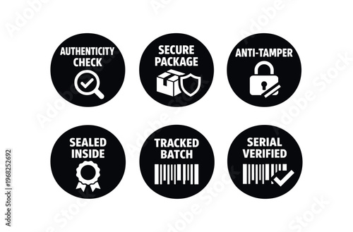 Tamper and traceability security icon set. authenticity check, secure package, anti-tamper, sealed inside, tracked batch, serial verified. line, flat and colored vector icon set.