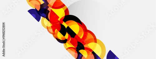 Abstract design features overlapping colorful circles. Warm tones dominate, creating dynamic visual effect. Simple background enhances shapes.