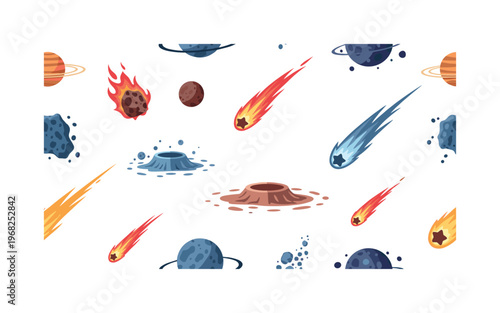 falling star patterns seamless pattern, repeating pattern, surface design, textile print, modern illustration of shooting stars, meteorites, fiery trails,