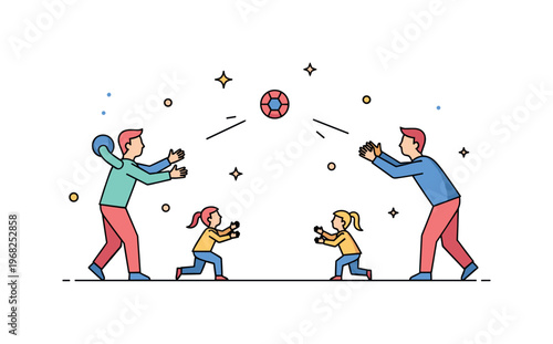 Throwing a ball backyard party scene where guests toss a ball for games while tiny sparkle and star icons highlight fun, activity, and lively interaction. The