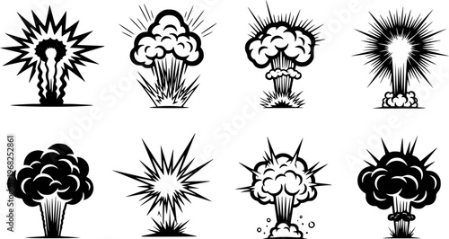 Collection of black and white explosion cloud a white background blast boom