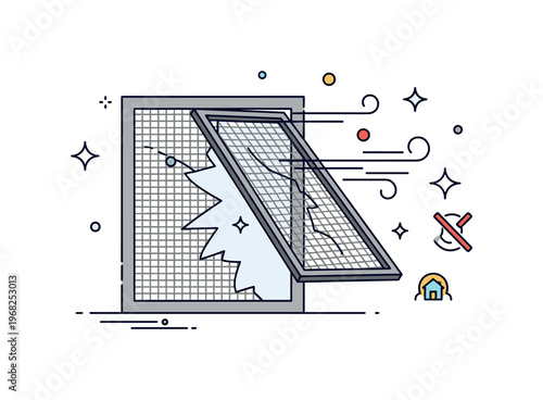 Broken window screen windy day scene where a screen flap moves in the breeze while small sparkle and line icons emphasize risk, attention, and delicate