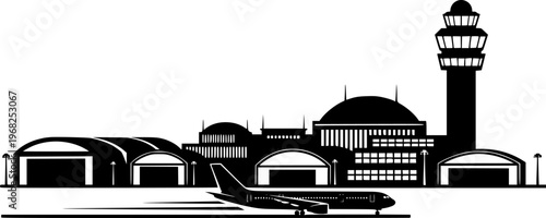 Airport with plane and facilities silhouette vector, transportation concept illustration for background.
