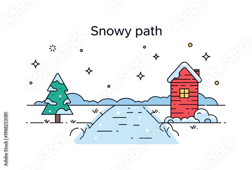 Snowy Path evening winter scene where a snowy path glows softly in twilight while small sparkle and line icons emphasize calm, cozy winter charm, and peaceful