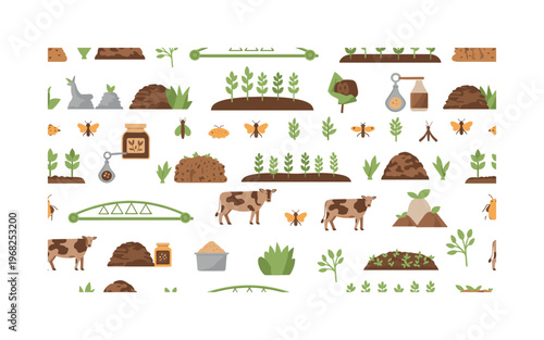 eco-farming motifs seamless pattern, repeating pattern, surface design, textile print, modern illustration of organic crops, irrigation systems, compost piles,