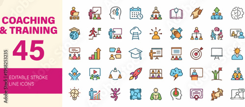 coaching and training icons set with 45 editable stroke line icons vector illustration