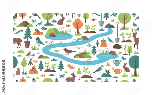 biodiversity patterns seamless pattern, repeating pattern, surface design, textile print, modern illustration of trees, rivers, wetlands, saplings, birds,