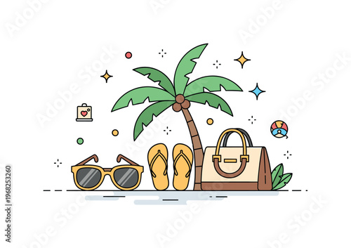 Travel tropical getaway concept where sunglasses, flip-flops, and a travel bag lie near a palm tree scene while tiny sparkle and star icons highlight