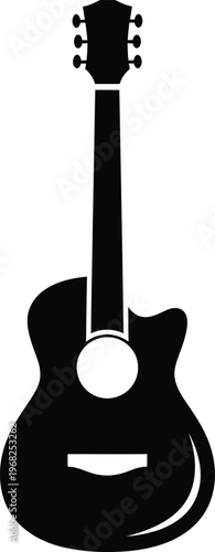Silhouette acoustic musical instrument guitar with six tuning pegs vector illustration