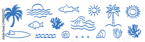 Hand-drawn vector doodle tropical beach elements: palm trees, sun, waves, fish, coral, seashells, seaweed, and a surfboard. Blue icons in minimalist style for summer design t-shirt, poster,or prints