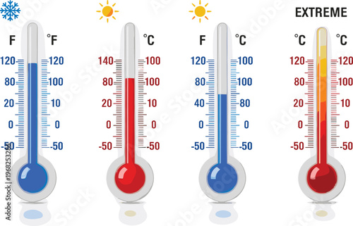 Thermometer Temperature Set with Celsius and Fahrenheit Scales Cold, Hot and Extreme Temperature Measurement Vector Illustration Collection