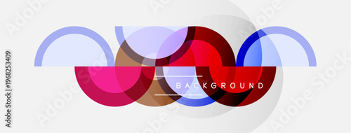 Abstract geometric shapes overlap, creating vibrant color blends. Minimalist design with translucent layers, modern aesthetic.