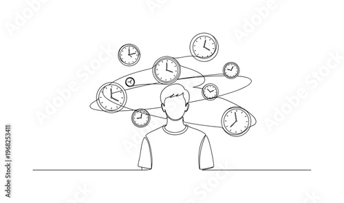 Orbiting Clocks. Minimalistic one-line drawing person with multiple floating clocks circling, continuous single black line on white background, simple outline