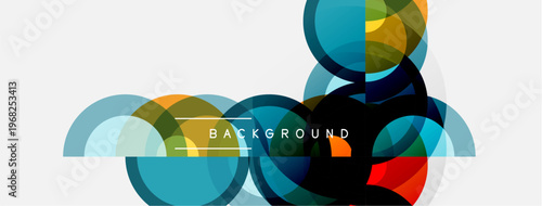 Abstract geometric shapes overlap creating colorful design. Modern style, clean lines, vibrant hues present dynamic composition.