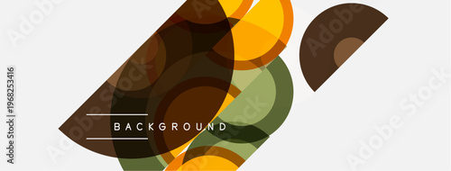 Abstract geometric shapes overlap, creating dynamic composition. Warm colors dominate, with muted greens, browns, yellows. Minimalist design features text element.