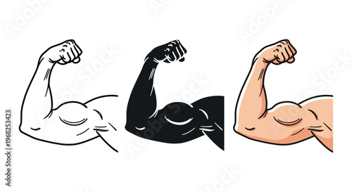 Muscular flexing arm vector graphic illustration showing strength and power in three distinct styles