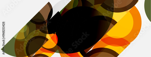 Abstract composition featuring overlapping circles, warm tones dominate. Brown, yellow, orange hues create dynamic visual effect. Modern design.