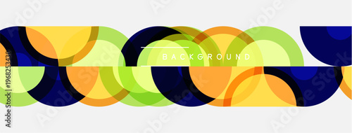 Abstract circles overlap, creating vibrant pattern. Colors include yellow, orange, green, blue. Minimalist design, clean aesthetic.