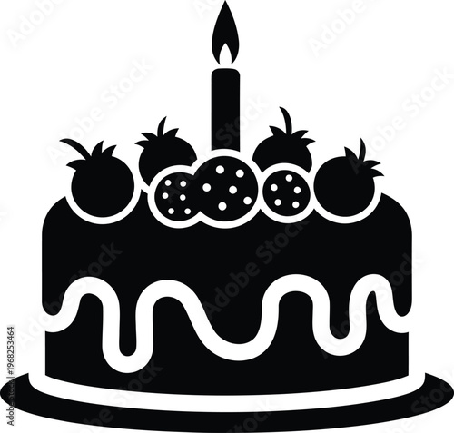 Silhouette birthday cake with burning candle and fresh berries vector illustration