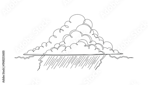 Thunderclouds. Minimalistic one-line drawing heavy clouds with rain lines and distant lightning, continuous single black line on white background, simple