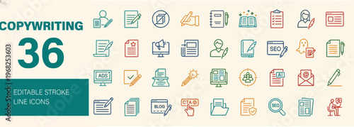 copywriting line icons set, 36 outline style vector graphics