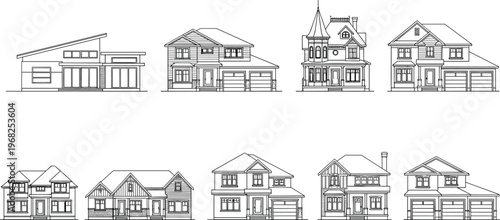 House Line Drawing Set with Different Residential Buildings Architecture Outline Vector Illustration Collection for Real Estate and Construction Design