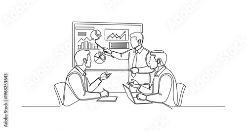 Collaborative Planning. Minimalistic one-line drawing team pointing at charts and brainstorming, continuous single black line on white background, simple