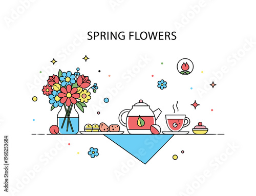 Spring flowers floral tea party concept where flowers decorate a table with tea and snacks while tiny sparkle and star icons highlight charm, elegance, and