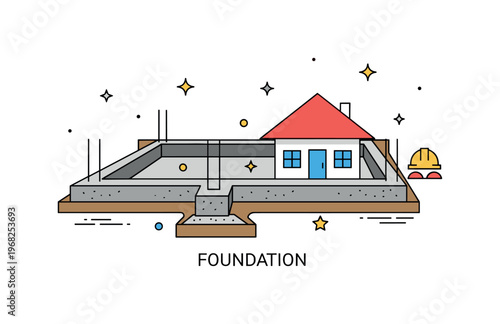 Foundation residential building site scene where concrete foundations are laid for a new house while small sparkle and line icons emphasize