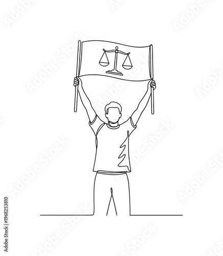 Equality Achievement. Minimalistic one-line drawing person raising banner with justice symbol, continuous single black line on white background, simple outline