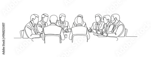 International Relations. Minimalistic one-line drawing diplomats from multiple nations seated together discussing agreements, continuous single black line on