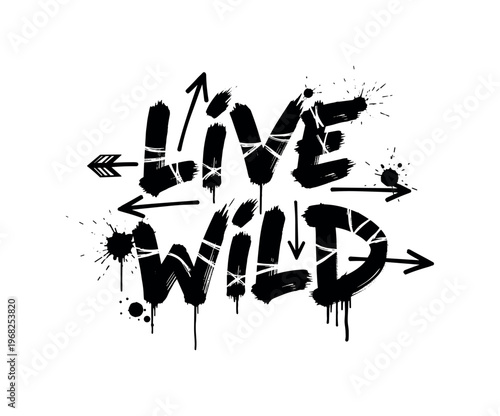 Live Wild. lettering and all elements in black. Vector style. AWhite background. Pure white background. Perfect isolation and visual consistency. Dynamic