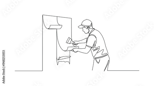 Removing Old Wallpaper. Minimalistic one-line drawing person peeling off wallpaper with scraper, continuous single black line on white background, simple
