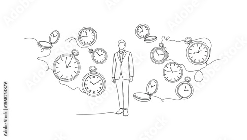 Floating Timepieces. Minimalistic one-line drawing individual standing with clocks floating around them, continuous single black line on white background,