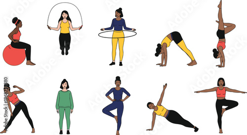 Women Fitness Exercises Set with Jump Rope, Yoga, Stretching and Workout Poses Vector Illustration Collection for Sport and Healthy Lifestyle Design